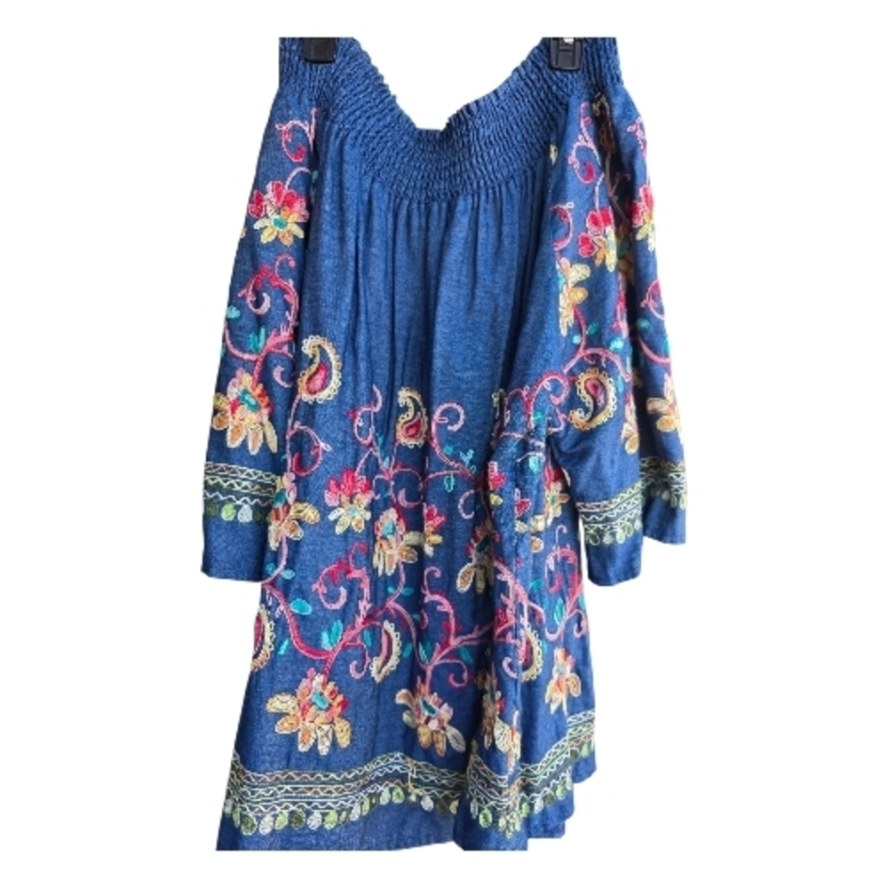 Oso Floral Embroidered Off-Shoulder Multicolor Chambray Top Size 2X  28" PTP